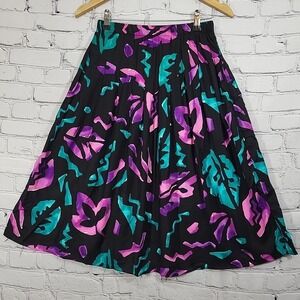 Vtg 80's Rayon Skirt By Krash Elastic Waist Size S Mod Made In USA Neon Leaf